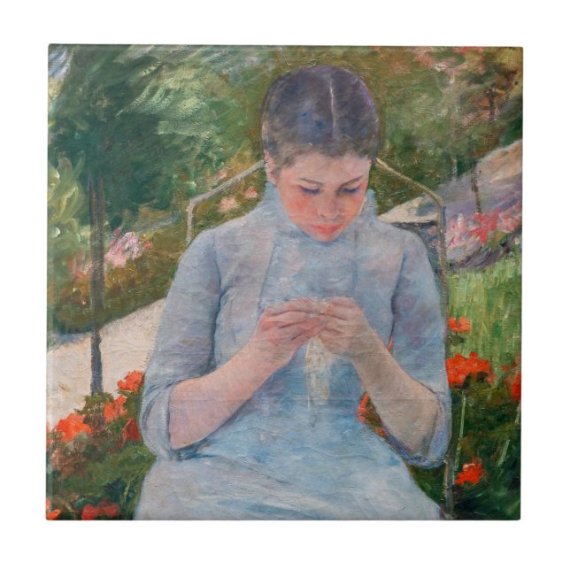 Mary Cassatt - Girl sewing in a Garden Tile (Front)