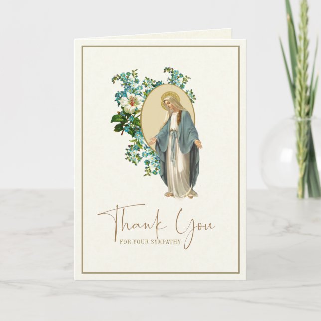 Mary Floral Catholic Funeral Condolence Thank You Card (Front)