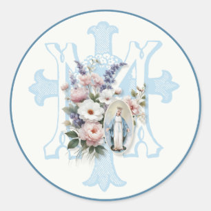 Mary Floral Monogram  Marian Cross Religious Classic Round Sticker