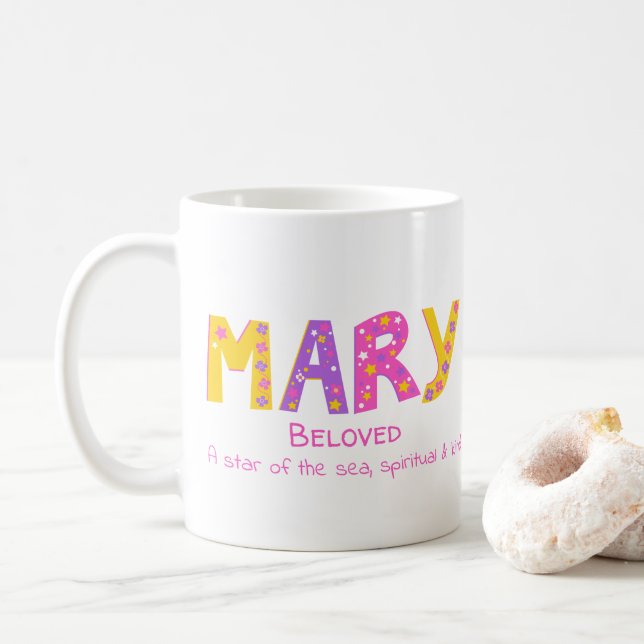 Mary girls name meaning pink purple flower stars coffee mug (With Donut)