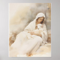 Mary Holding Lamb Watercolor Art Print