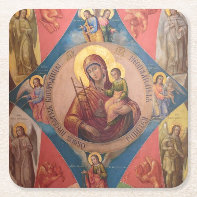 Mary, Jesus, And Angels Square Paper Coaster (Front)