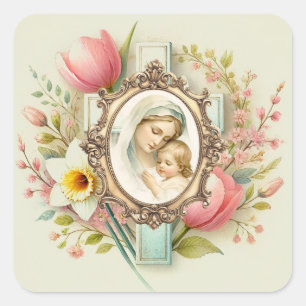 Mary Jesus Floral Cross Religious Spring Square Sticker