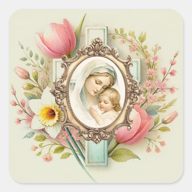 Mary Jesus Floral Cross Religious Spring Square Sticker (Front)