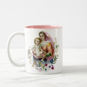 Mary & Jesus Floral religious Memorare Prayer Two-Tone Coffee Mug