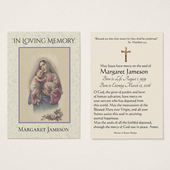 Mary Jesus Lamb Funeral Memorial Holy Card - (Front & Back)