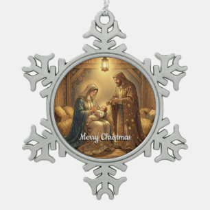 Mary, Joseph and Baby Jesus in the Manger Snowflake Pewter Christmas Ornament