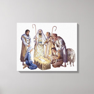 Mary, Joseph, and shepherds surrounding baby Jesus Canvas Print