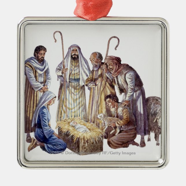 Mary, Joseph, and shepherds surrounding baby Jesus Metal Tree Decoration (Front)