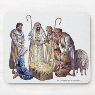 Mary, Joseph, and shepherds surrounding baby Jesus Mouse Mat