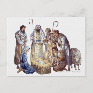 Mary, Joseph, and shepherds surrounding baby Jesus Postcard