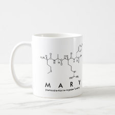 Mug featuring the name Mary spelled out in the single letter amino acid code