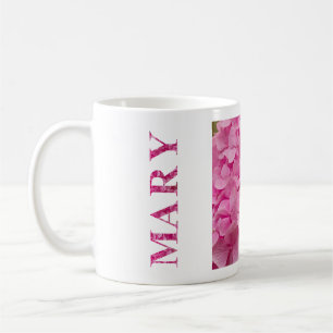 Mary, Personalised Pink Hydrangea Floral Lettering Coffee Mug