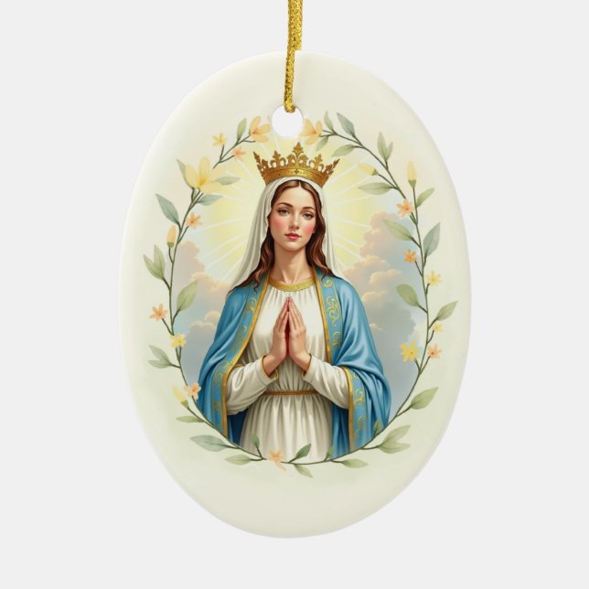 Mary Queen of Heaven God's Peace and Blessings Ceramic Tree Decoration (Front)