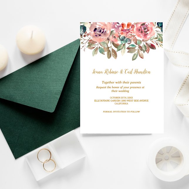 MARY Watercolor Rose Emerald Green Wedding Invitation (Creator Uploaded)