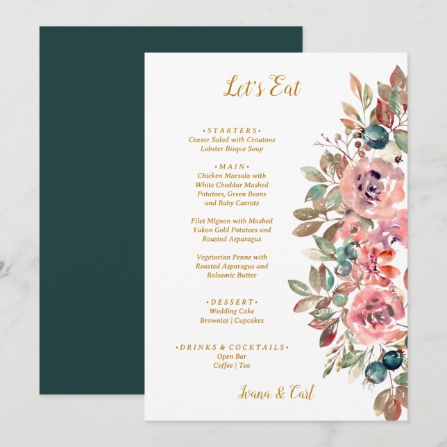 MARY Watercolor Rose Emerald Green Wedding Menu (Front/Back)