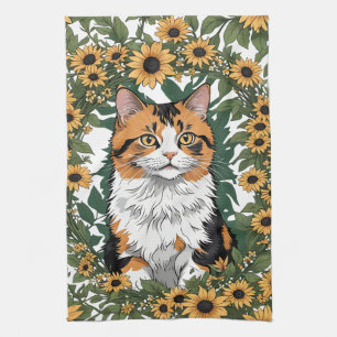 Maryland Calico Cat And Black Eyed Susan Flowers 2 Tea Towel