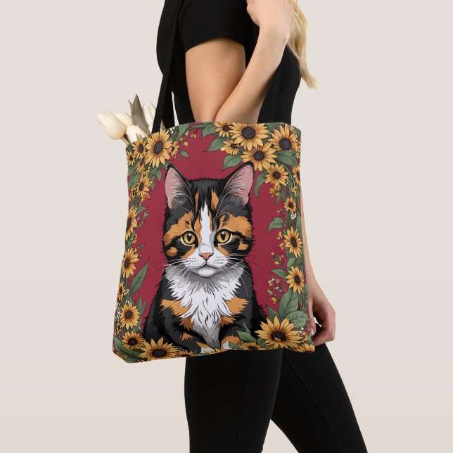 Maryland Calico Cat And Black Eyed Susan Flowers Tote Bag (Close Up)