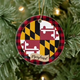 Maryland, Red buffalo plaid & Maryland Flag Ceramic Tree Decoration
