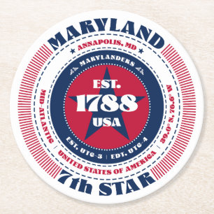 Maryland Red White Blue Typography Round Paper Coaster