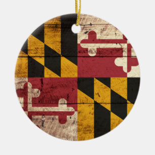 Maryland State Flag on Old Wood Grain Ceramic Tree Decoration