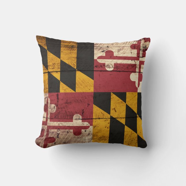 Maryland State Flag on Old Wood Grain Cushion (Front)