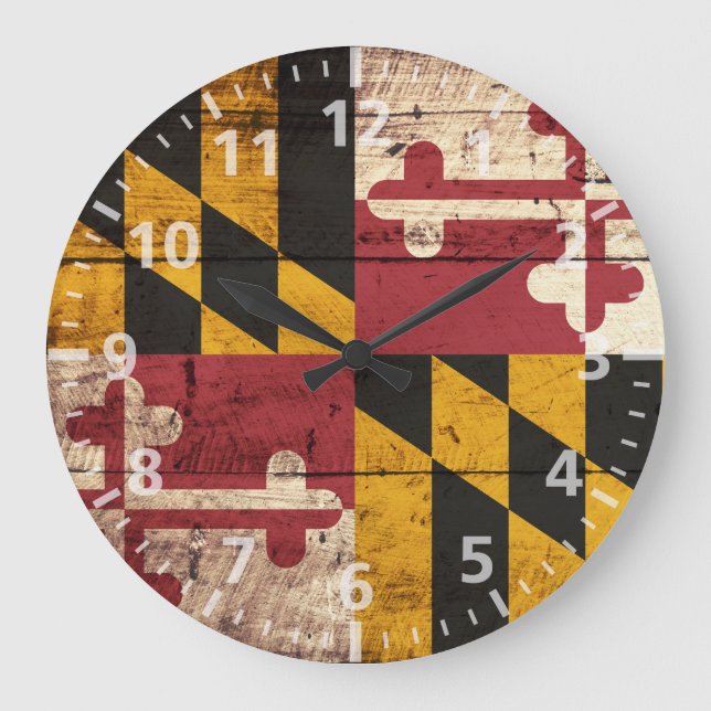 Maryland State Flag on Old Wood Grain Large Clock (Front)