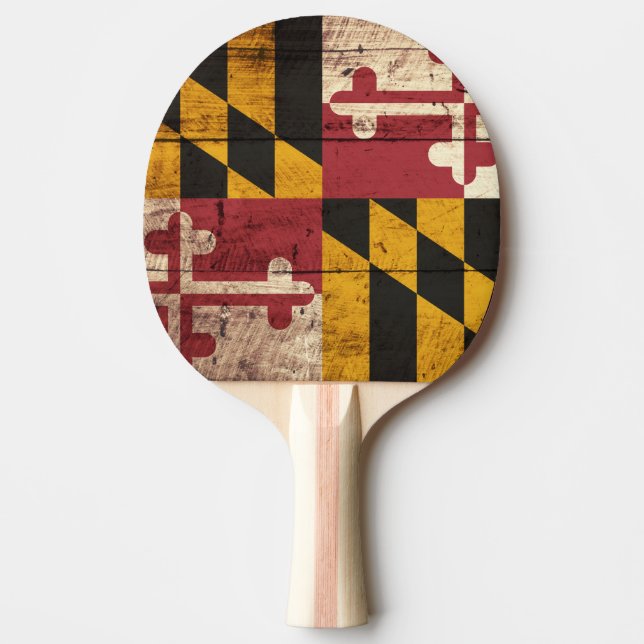 Maryland State Flag on Old Wood Grain Ping Pong Paddle (Front)