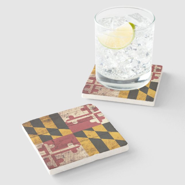 Maryland State Flag on Old Wood Grain Stone Coaster (Side)