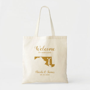 Maryland State Map Wedding Welcome Bag Tote, Gold