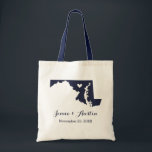 Maryland Wedding Welcome Tote Bag<br><div class="desc">Welcome out of town wedding guests with a bag full of snacks and treats personalised with the state where you're getting married and the bride and groom's names and wedding date. Click Customise It to move the heart to show any city or location on the state map. Use the design...</div>