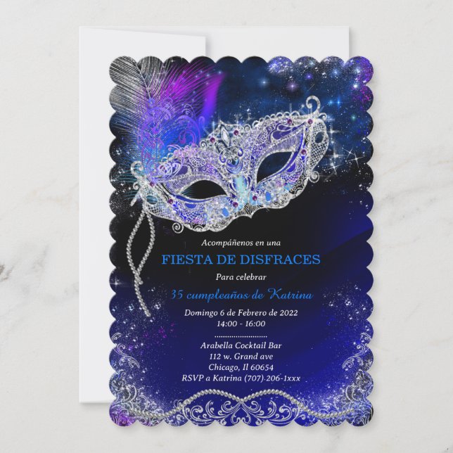 Mascarada de Cumpleaños Personalizada Azul Real Invitation (Front)