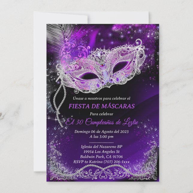 Mascarada de cumpleaños personalizada en negro invitation (Front)