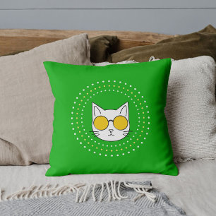 Mascot Cat Sunglasses Yellow White Dots On Lime Cushion