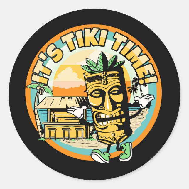 mascot-tiki-with-beach-bar-it039s-tiki-time classic round sticker (Front)