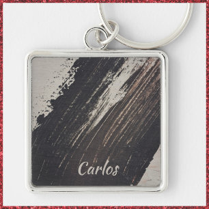 Masculine and Modern Black and Beige Paint Strokes Key Ring