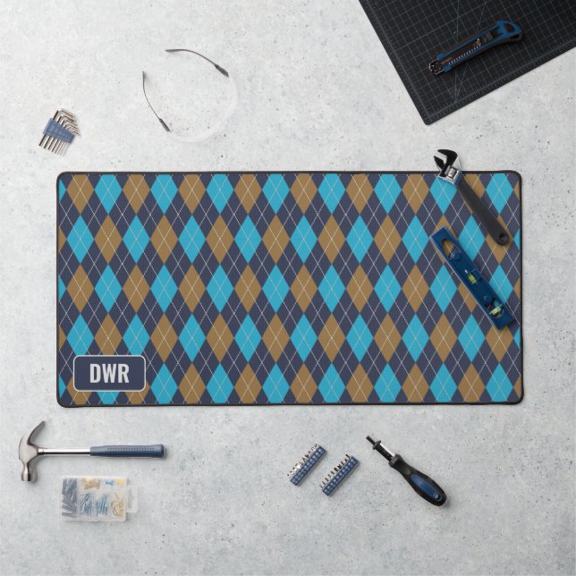 Masculine Argyle - Navy, Blue, Tan - His Initials Desk Mat (Workstation)