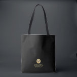 Masculine Black and Gold Personalised Bridesmaid Tote Bag<br><div class="desc">Add a personal touch to your wedding with personalised bridesmaid tote bag. This tote bag features black monogram in gold circle element with name and title in gold professional font style on black background. Also perfect for maid of honour, flower girl and more. Please Note : The foil details are...</div>