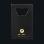 Masculine Black and Gold Personalised Groomsmen<br><div class="desc">Add a personal touch to your wedding with personalised groomsmen bottle opener. This bottle opener features black monogram in gold circle element with name and title in gold professional font style on black background. Also perfect for best man, father of the bride and more. Please Note : The foil details...</div>