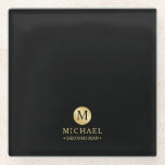 Masculine Black and Gold Personalised Groomsmen Glass Coaster<br><div class="desc">Add a personal touch to your wedding with personalised groomsmen glass coaster. This glass coaster features black monogram in gold circle element with name and title in gold professional font style on black background. Also perfect for best man, father of the bride, ring bearer and more. Please Note : The...</div>