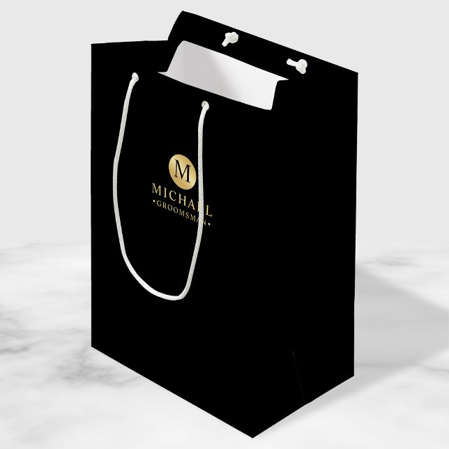 Masculine Black and Gold Personalised Groomsmen Medium Gift Bag (Creator Uploaded)