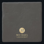 Masculine Black and Gold Personalised Groomsmen Stone Coaster<br><div class="desc">Add a personal touch to your wedding with personalised groomsmen stone coaster. This coaster features black monogram in gold circle element with name and title in gold professional font style on black background. Also perfect for best man, father of the bride, ring bearer and more. Please Note : The foil...</div>