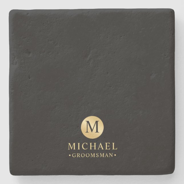 Masculine Black and Gold Personalised Groomsmen Stone Coaster (Front)