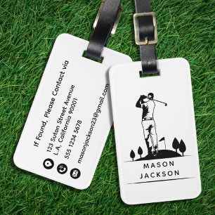 Masculine Black and White Golfer Personalized Name Luggage Tag