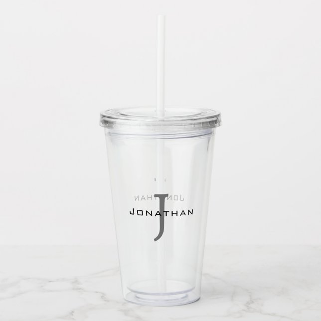 Masculine Black and White  Initial + Name Monogram Acrylic Tumbler (Front)