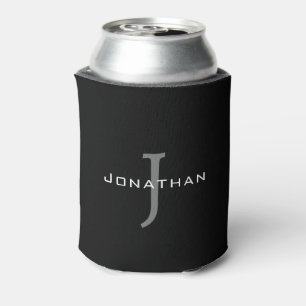 Masculine Black and White Initial + Name Monogram Can Cooler