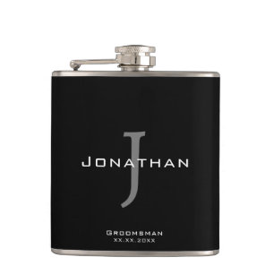 Masculine Black and White  Initial + Name Monogram Hip Flask