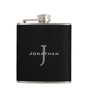 Masculine Black and White Initial + Name Monogram Hip Flask