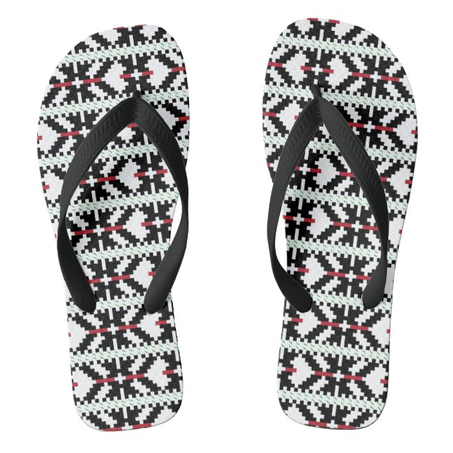 Masculine Black and white Latvian tribal folk art Flip Flops (Footbed)