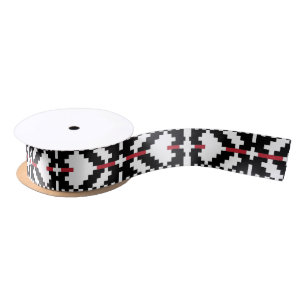 Masculine Black and white Latvian tribal folk art Satin Ribbon
